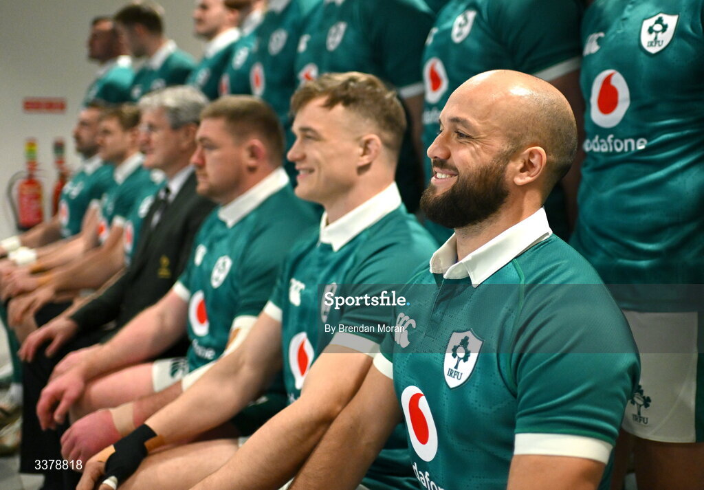 5 March 2026; Jamison Gibson-Park, on the occasion of earning his 50th cap for Ireland, lines up with his teammates for the official team photograph before an Ireland Rugby squad captain's run at the Aviva Stadium in Dublin. Photo by Brendan Moran/Sportsfile