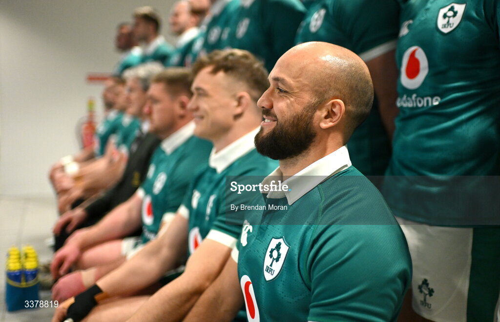 5 March 2026; Jamison Gibson-Park, on the occasion of earning his 50th cap for Ireland, lines up with his teammates for the official team photograph before an Ireland Rugby squad captain's run at the Aviva Stadium in Dublin. Photo by Brendan Moran/Sportsfile