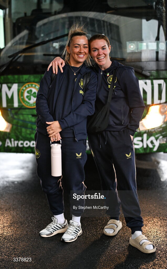 5 March 2026; Republic of Ireland's Katie McCabe and Aoife Mannion, right, at Dublin Airport as Republic of Ireland women travel to the Netherlands for their 2027 FIFA Women’s World Cup Qualifier against the Netherlands in Utrecht on Saturday. Photo by Stephen McCarthy/Sportsfile