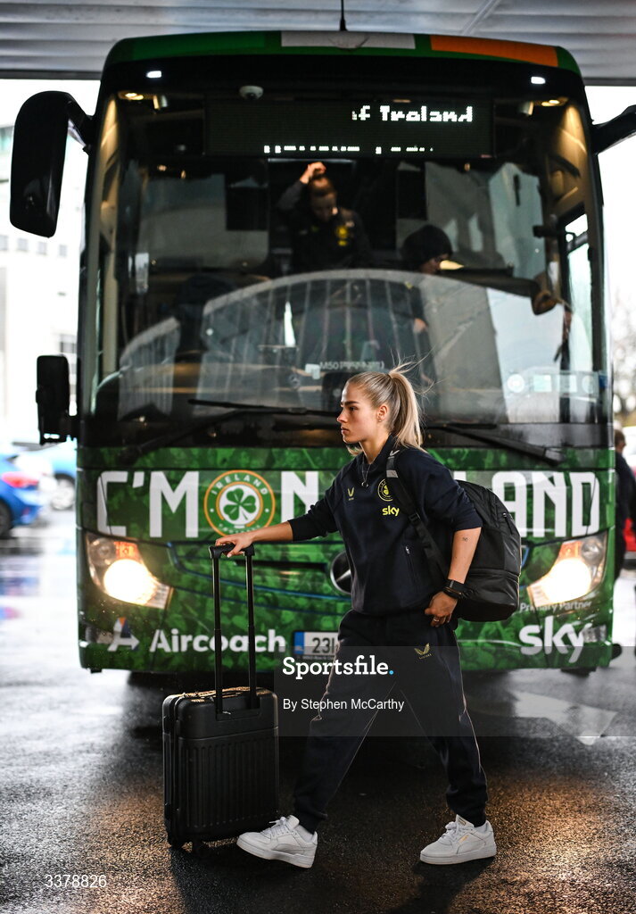 5 March 2026; Republic of Ireland's Tara O'Hanlon at Dublin Airport as Republic of Ireland women travel to the Netherlands for their 2027 FIFA Women’s World Cup Qualifier against the Netherlands in Utrecht on Saturday. Photo by Stephen McCarthy/Sportsfile