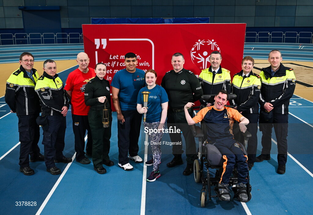 5 March 2026; Special Olympics athletes, from left, Ashwin Maliyakal, Dara Kiernan and Francis Donnolly with members of the Gardai and PSNI Sargent Shane Tohill and Constable Victoria Montgomery in attendance for the Special Olympics Ireland Summer Games launch at the National Indoor Arena on the Sport Ireland Campus in Dublin. Photo by David Fitzgerald/Sportsfile