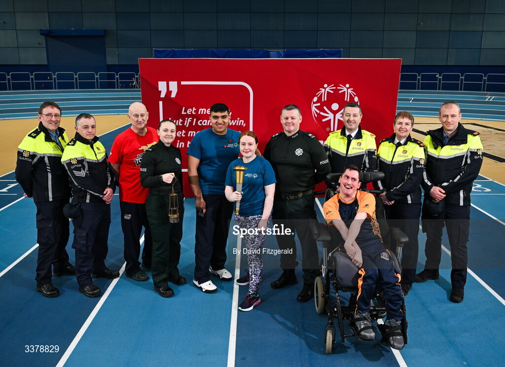 5 March 2026; Special Olympics athletes, from left, Ashwin Maliyakal, Dara Kiernan and Francis Donnolly with members of the Gardai and PSNI Sargent Shane Tohill and Constable Victoria Montgomery in attendance for the Special Olympics Ireland Summer Games launch at the National Indoor Arena on the Sport Ireland Campus in Dublin. Photo by David Fitzgerald/Sportsfile