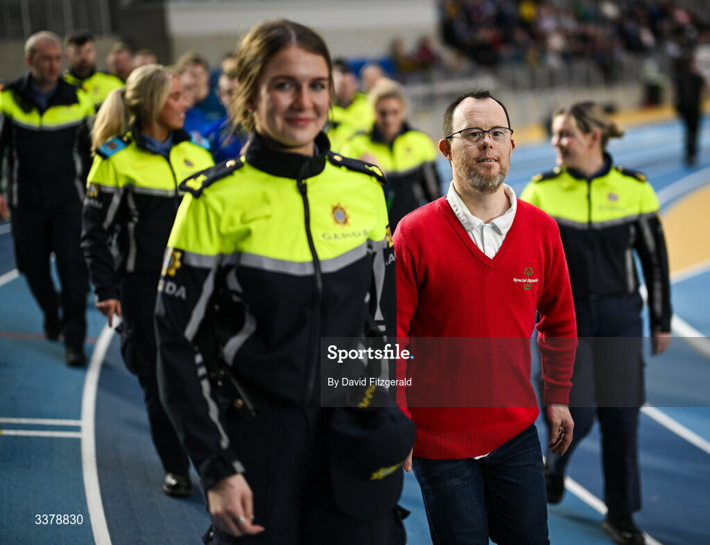 5 March 2026; Special Olympics athlete Paul Kirran from Clare during the parade of athletes and Gardai for the Special Olympics Ireland Summer Games launch at the National Indoor Arena on the Sport Ireland Campus in Dublin. Photo by David Fitzgerald/Sportsfile