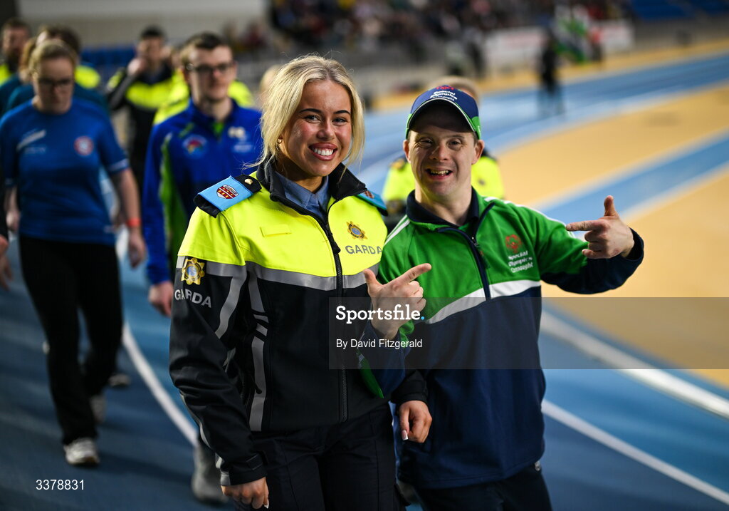 5 March 2026; Garda Katie Reddington and Special Olympics athlete David Corroon from Westmeath during the parade of athletes and Gardai for the Special Olympics Ireland Summer Games launch at the National Indoor Arena on the Sport Ireland Campus in Dublin. Photo by David Fitzgerald/Sportsfile