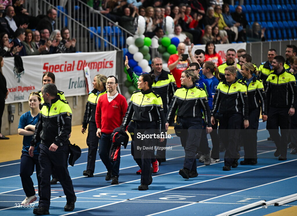 5 March 2026; A general view of the parade of athletes and Gardai for the Special Olympics Ireland Summer Games launch at the National Indoor Arena on the Sport Ireland Campus in Dublin. Photo by David Fitzgerald/Sportsfile