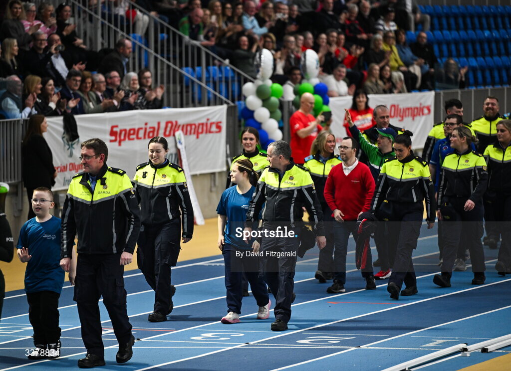 5 March 2026; A general view of the parade of athletes and Gardai for the Special Olympics Ireland Summer Games launch at the National Indoor Arena on the Sport Ireland Campus in Dublin. Photo by David Fitzgerald/Sportsfile