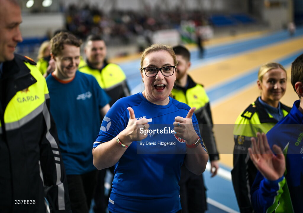 5 March 2026; Emma Johnstone from Dublin during the parade of athletes and Gardai for the Special Olympics Ireland Summer Games launch at the National Indoor Arena on the Sport Ireland Campus in Dublin. Photo by David Fitzgerald/Sportsfile