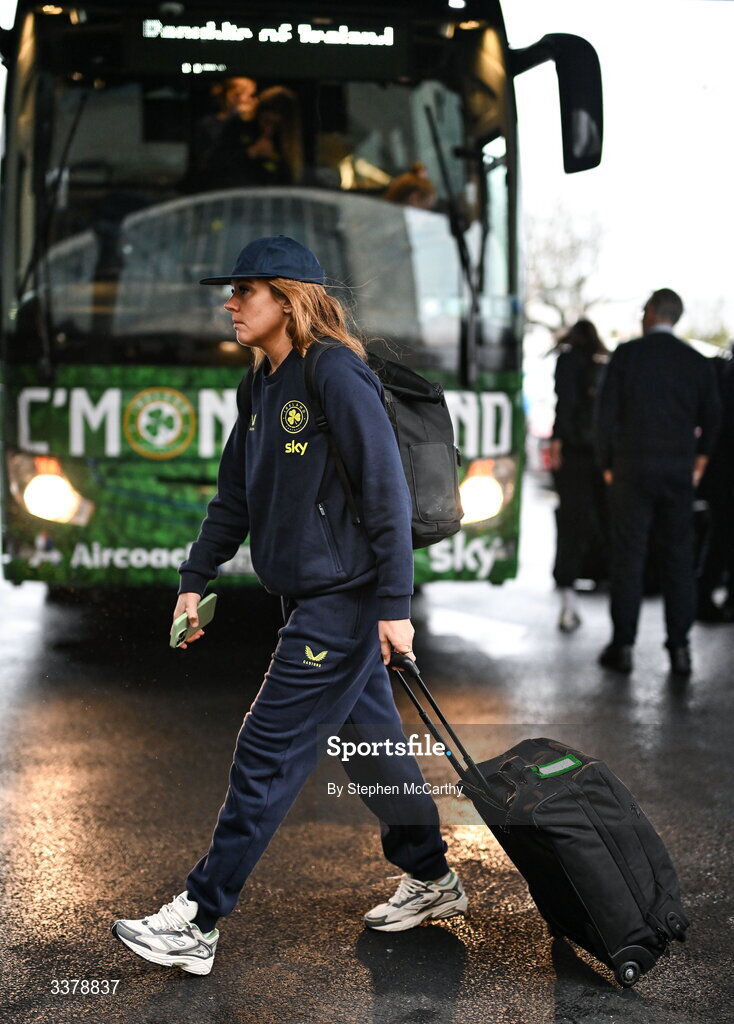 5 March 2026; Republic of Ireland goalkeeper Grace Moloney at Dublin Airport as Republic of Ireland women travel to the Netherlands for their 2027 FIFA Women’s World Cup Qualifier against the Netherlands in Utrecht on Saturday. Photo by Stephen McCarthy/Sportsfile
