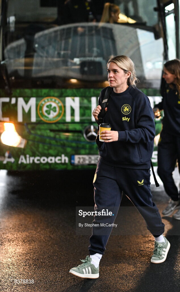 5 March 2026; Republic of Ireland's Jamie Finn at Dublin Airport as Republic of Ireland women travel to the Netherlands for their 2027 FIFA Women’s World Cup Qualifier against the Netherlands in Utrecht on Saturday. Photo by Stephen McCarthy/Sportsfile