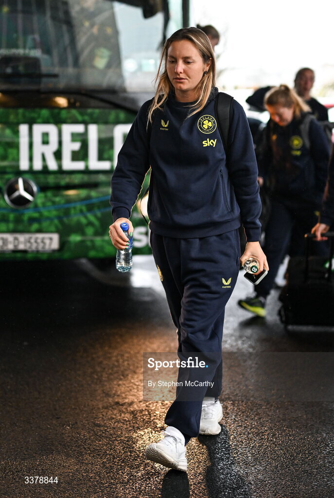 5 March 2026; Republic of Ireland's Kyra Carusa at Dublin Airport as Republic of Ireland women travel to the Netherlands for their 2027 FIFA Women’s World Cup Qualifier against the Netherlands in Utrecht on Saturday. Photo by Stephen McCarthy/Sportsfile