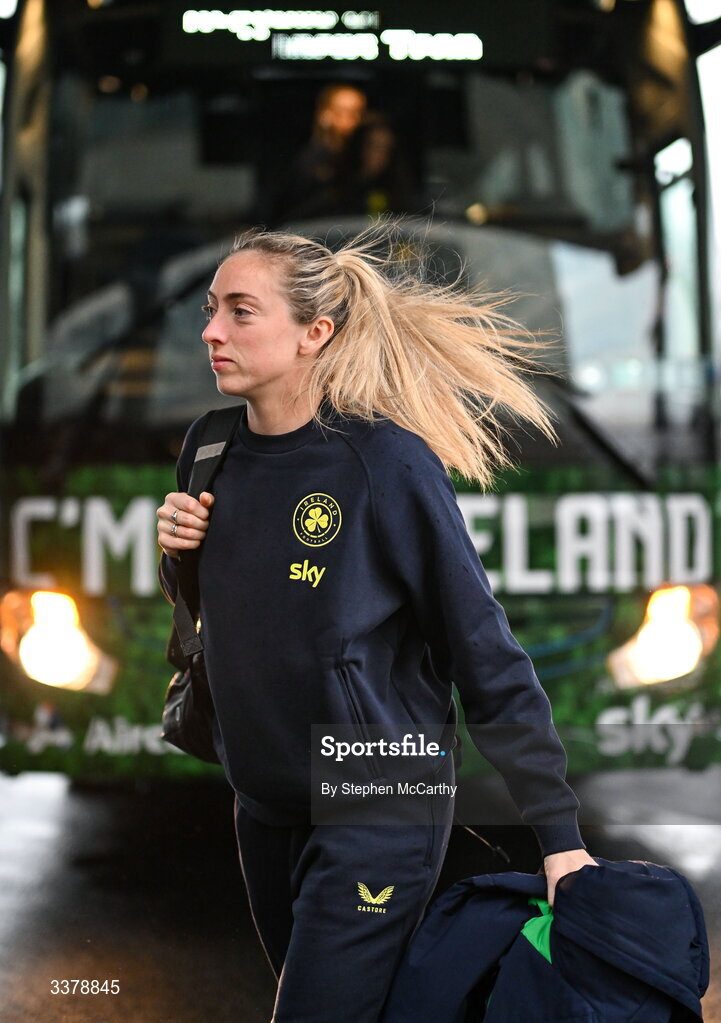 5 March 2026; Republic of Ireland's Megan Connolly at Dublin Airport as Republic of Ireland women travel to the Netherlands for their 2027 FIFA Women’s World Cup Qualifier against the Netherlands in Utrecht on Saturday. Photo by Stephen McCarthy/Sportsfile