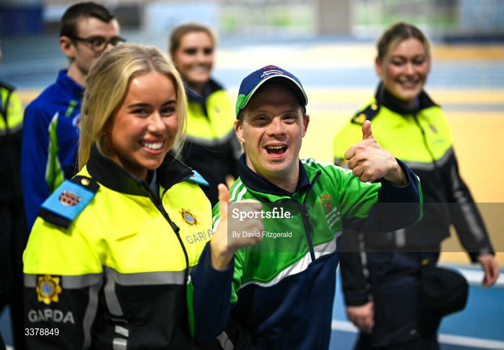 5 March 2026; Garda Katie Reddington and Special Olympics athlete David Corroon from Westmeath during the parade of athletes and Gardai for the Special Olympics Ireland Summer Games launch at the National Indoor Arena on the Sport Ireland Campus in Dublin. Photo by David Fitzgerald/Sportsfile