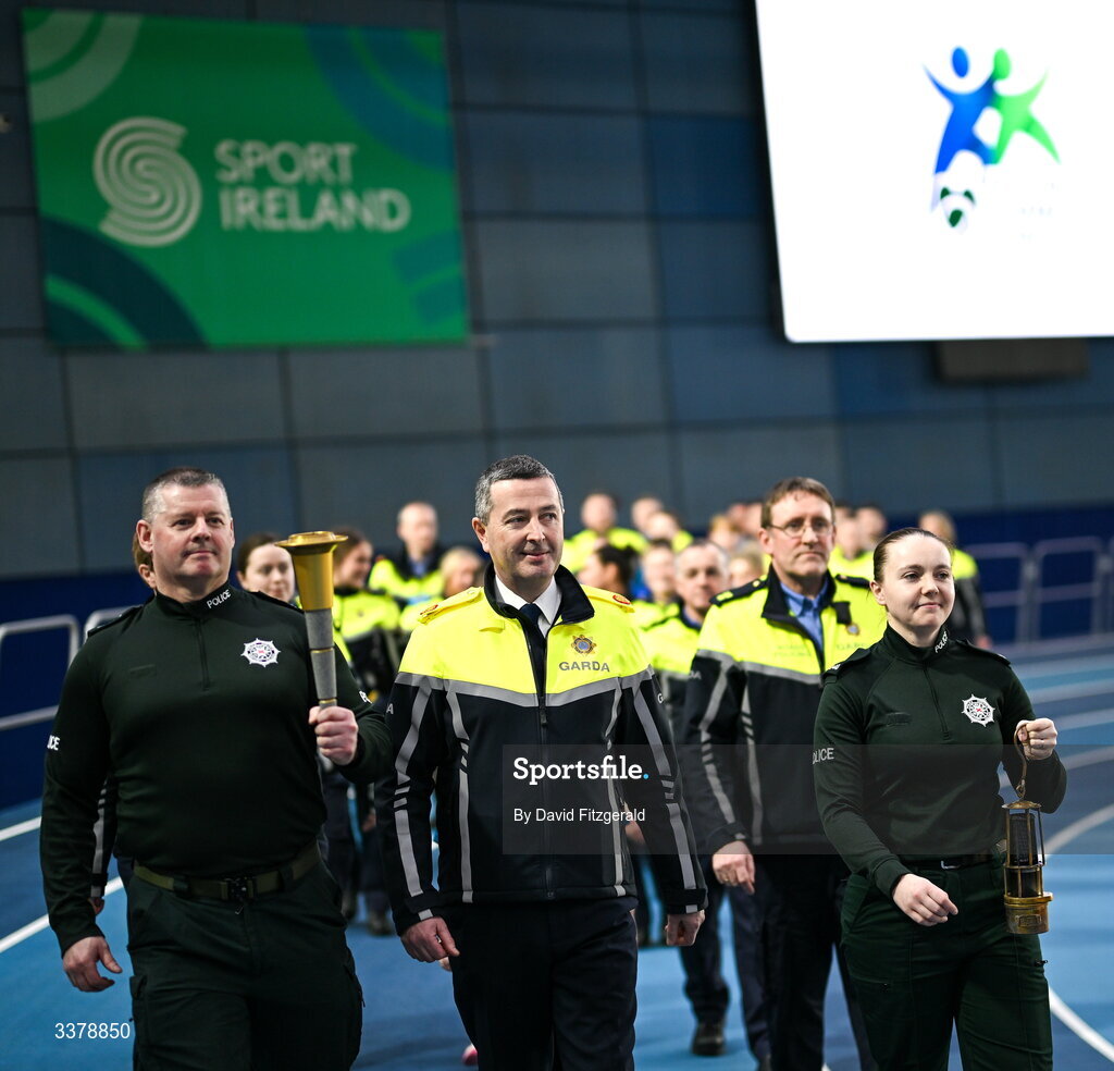 5 March 2026; A general view of the parade of athletes and Gardai including PSNI Sargent Shane Tohill and Constable Victoria Montgomery for the Special Olympics Ireland Summer Games launch at the National Indoor Arena on the Sport Ireland Campus in Dublin. Photo by David Fitzgerald/Sportsfile