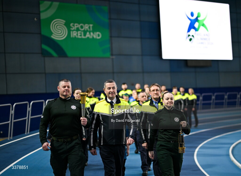 5 March 2026; A general view of the parade of athletes and Gardai including PSNI Sargent Shane Tohill and Constable Victoria Montgomery for the Special Olympics Ireland Summer Games launch at the National Indoor Arena on the Sport Ireland Campus in Dublin. Photo by David Fitzgerald/Sportsfile