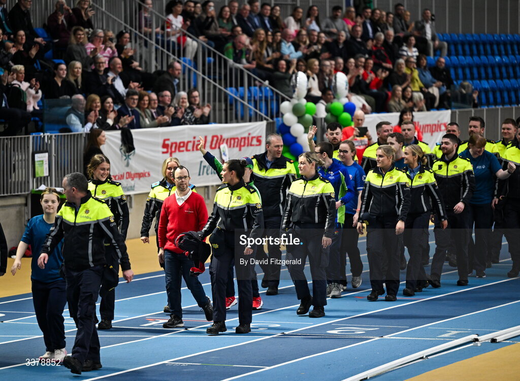 5 March 2026; A general view of the parade of athletes and Gardai for the Special Olympics Ireland Summer Games launch at the National Indoor Arena on the Sport Ireland Campus in Dublin. Photo by David Fitzgerald/Sportsfile