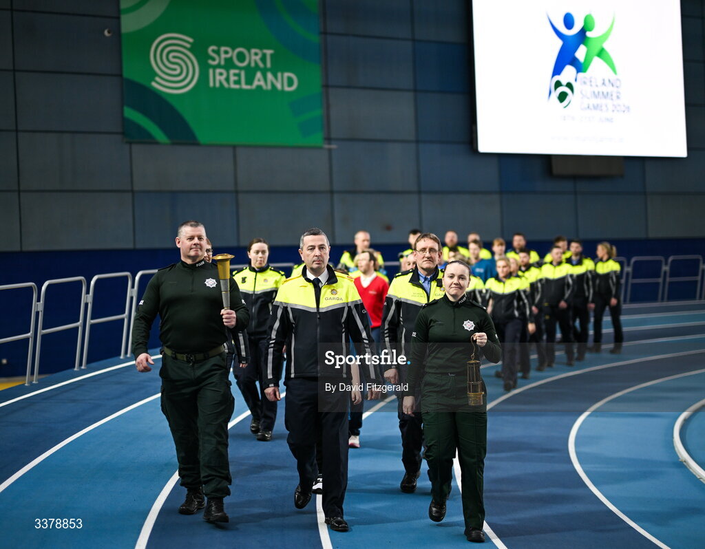 5 March 2026; A general view of the parade of athletes and Gardai including PSNI Sargent Shane Tohill and Constable Victoria Montgomery for the Special Olympics Ireland Summer Games launch at the National Indoor Arena on the Sport Ireland Campus in Dublin. Photo by David Fitzgerald/Sportsfile