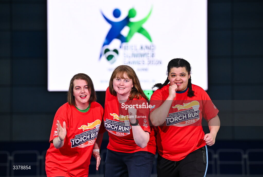 5 March 2026; Special Olympics Athletes, Aoife Hegarty from Roscommon, Anita Forde from Kildare and Moira Scott from Offaly pictured during the Special Olympics Ireland Summer Games launch at the National Indoor Arena on the Sport Ireland Campus in Dublin. Photo by Sam Barnes/Sportsfile