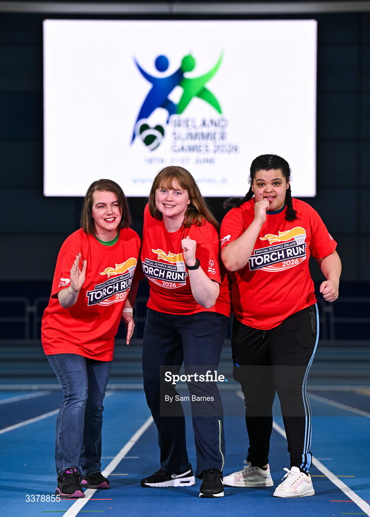 5 March 2026; Special Olympics Athletes, Aoife Hegarty from Roscommon, Anita Forde from Kildare and Moira Scott from Offaly pictured during the Special Olympics Ireland Summer Games launch at the National Indoor Arena on the Sport Ireland Campus in Dublin. Photo by Sam Barnes/Sportsfile