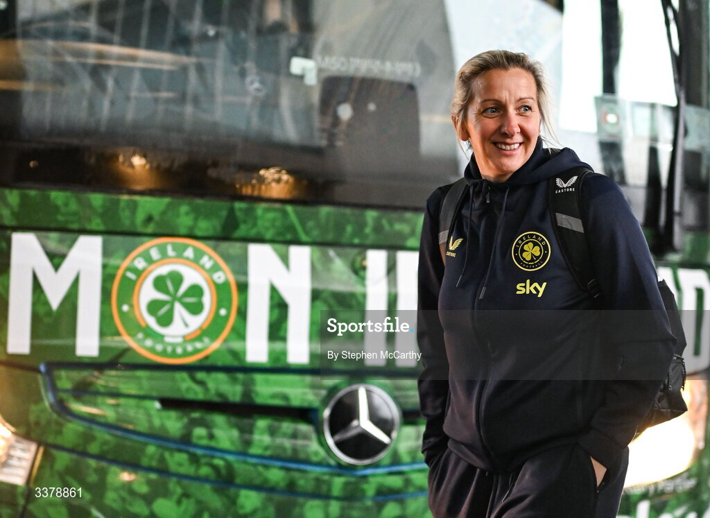 5 March 2026; Republic of Ireland head coach Carla Ward at Dublin Airport as Republic of Ireland women travel to the Netherlands for their 2027 FIFA Women’s World Cup Qualifier against the Netherlands in Utrecht on Saturday. Photo by Stephen McCarthy/Sportsfile
