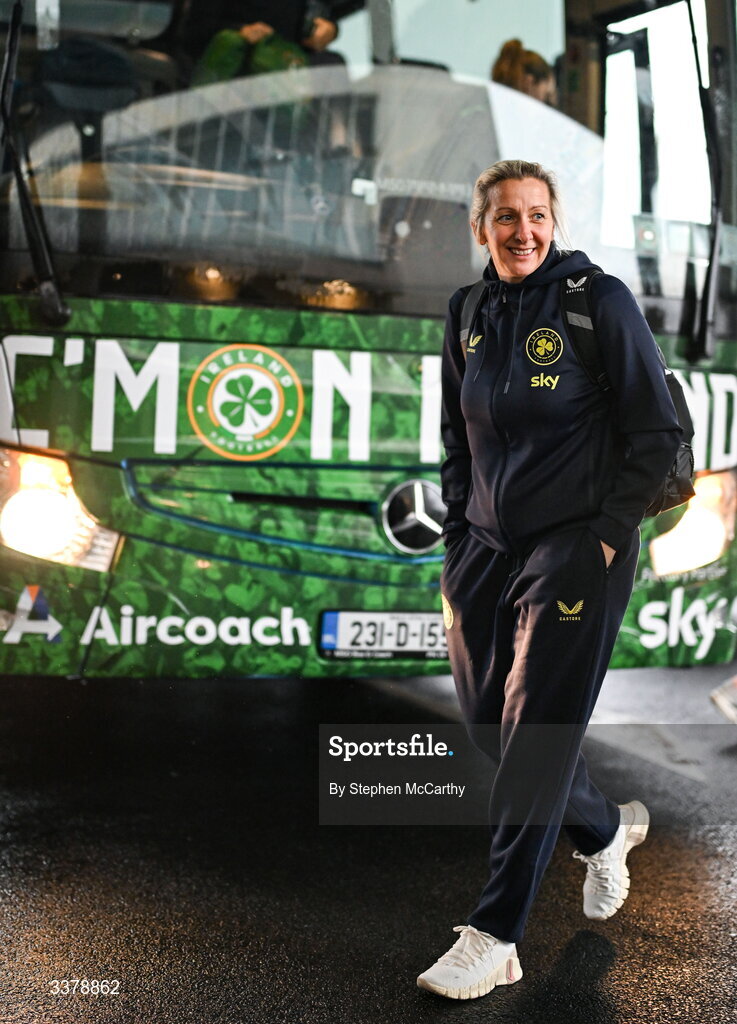 5 March 2026; Republic of Ireland head coach Carla Ward at Dublin Airport as Republic of Ireland women travel to the Netherlands for their 2027 FIFA Women’s World Cup Qualifier against the Netherlands in Utrecht on Saturday. Photo by Stephen McCarthy/Sportsfile