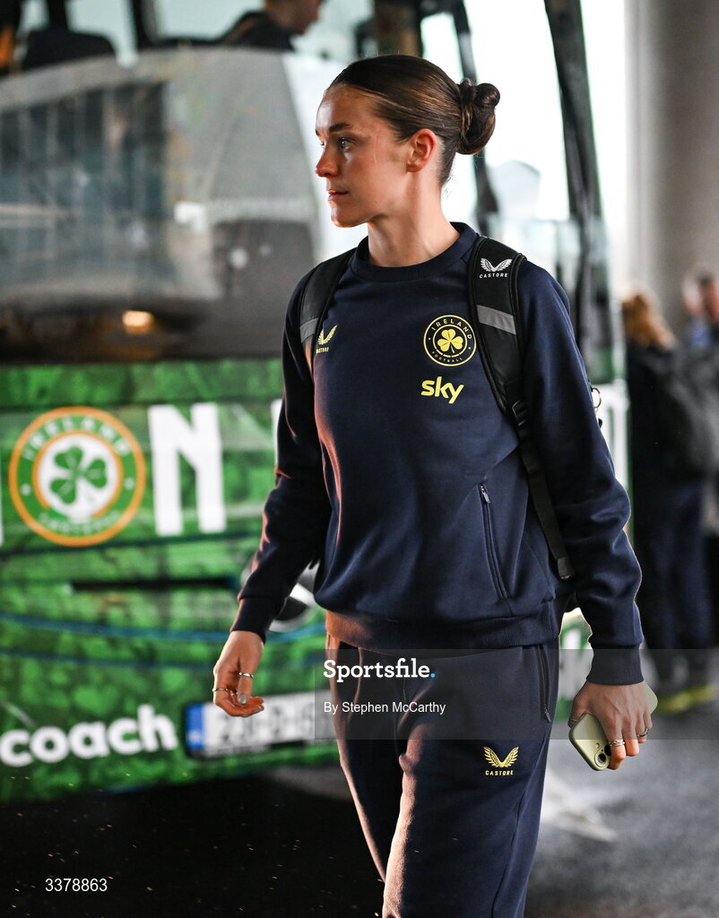 5 March 2026; Republic of Ireland's Caitlin Hayes at Dublin Airport as Republic of Ireland women travel to the Netherlands for their 2027 FIFA Women’s World Cup Qualifier against the Netherlands in Utrecht on Saturday. Photo by Stephen McCarthy/Sportsfile