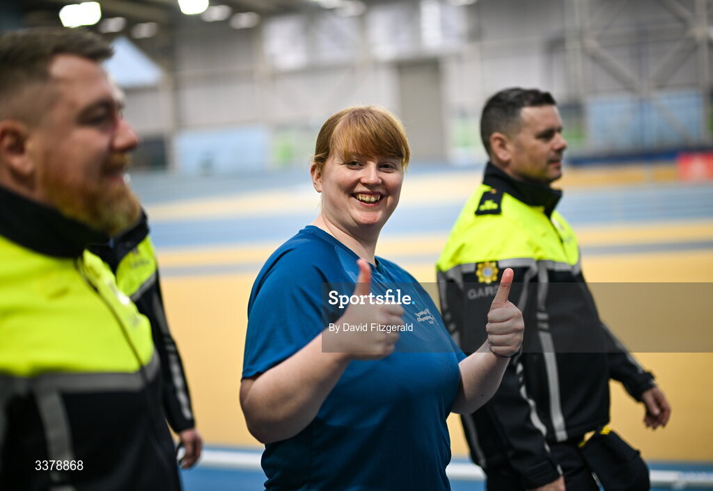 6 March 2026; Anita Forde from Kildare during the parade of athletes and Gardai for the Special Olympics Ireland Summer Games launch at the National Indoor Arena on the Sport Ireland Campus in Dublin. Photo by David Fitzgerald/Sportsfile