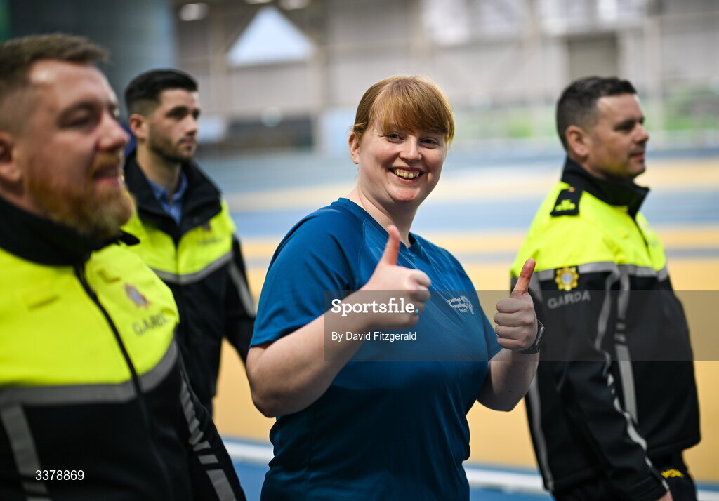 6 March 2026; Anita Forde from Kildare during the parade of athletes and Gardai for the Special Olympics Ireland Summer Games launch at the National Indoor Arena on the Sport Ireland Campus in Dublin. Photo by David Fitzgerald/Sportsfile