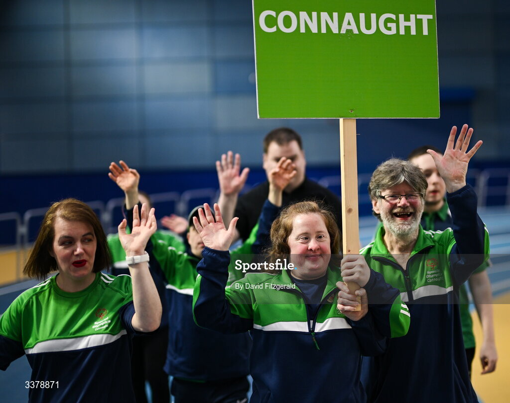 6 March 2026; Special Olympics athlete Bridget Walsh of Mayo , centre, and Connaught team mates during the parade of athletes and Gardai for the Special Olympics Ireland Summer Games launch at the National Indoor Arena on the Sport Ireland Campus in Dublin. Photo by David Fitzgerald/Sportsfile