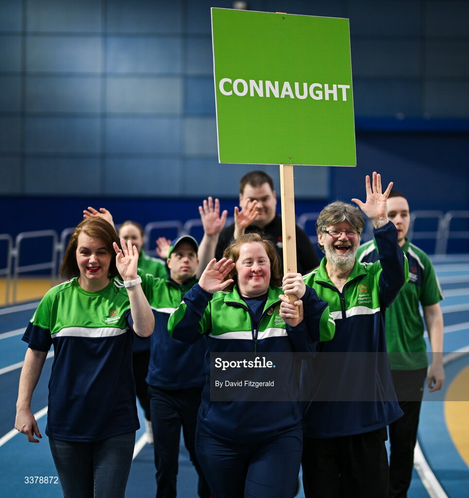 6 March 2026; Special Olympics athlete Bridget Walsh of Mayo , centre, and Connaught team mates during the parade of athletes and Gardai for the Special Olympics Ireland Summer Games launch at the National Indoor Arena on the Sport Ireland Campus in Dublin. Photo by David Fitzgerald/Sportsfile
