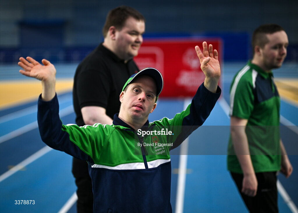 6 March 2026; Special Olympics athlete David Corroon from Westmeath during the parade of athletes and Gardai for the Special Olympics Ireland Summer Games launch at the National Indoor Arena on the Sport Ireland Campus in Dublin. Photo by David Fitzgerald/Sportsfile