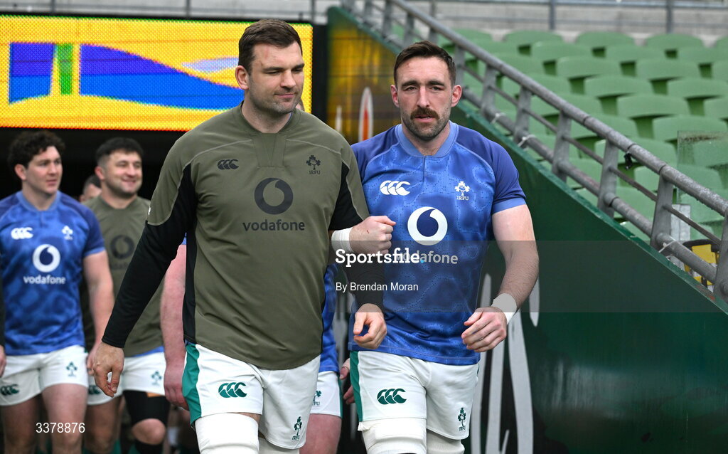 5 March 2026; Tadhg Beirne, left, and Jack Conan make tjeir way out for the an Ireland Rugby squad captain's run at the Aviva Stadium in Dublin. Photo by Brendan Moran/Sportsfile