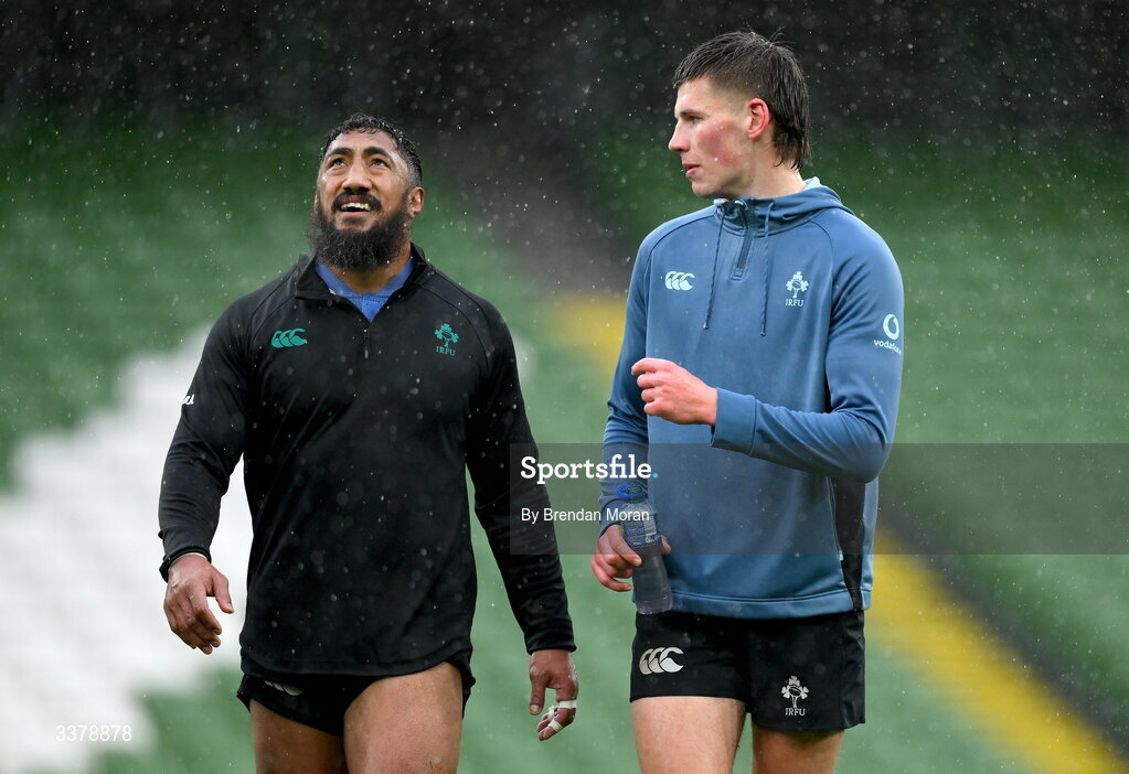 5 March 2026; Bundee Aki, left, and Sam Prendergast during an Ireland Rugby squad captain's run at the Aviva Stadium in Dublin. Photo by Brendan Moran/Sportsfile