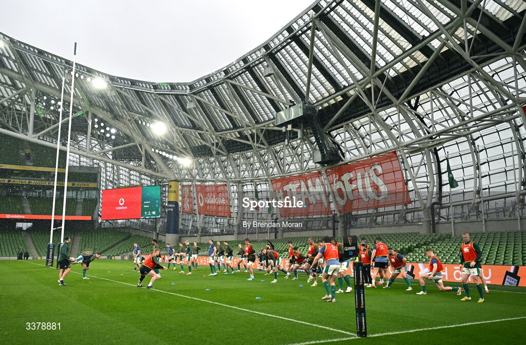 5 March 2026; The Ireland team during their captain's run at the Aviva Stadium in Dublin. Photo by Brendan Moran/Sportsfile