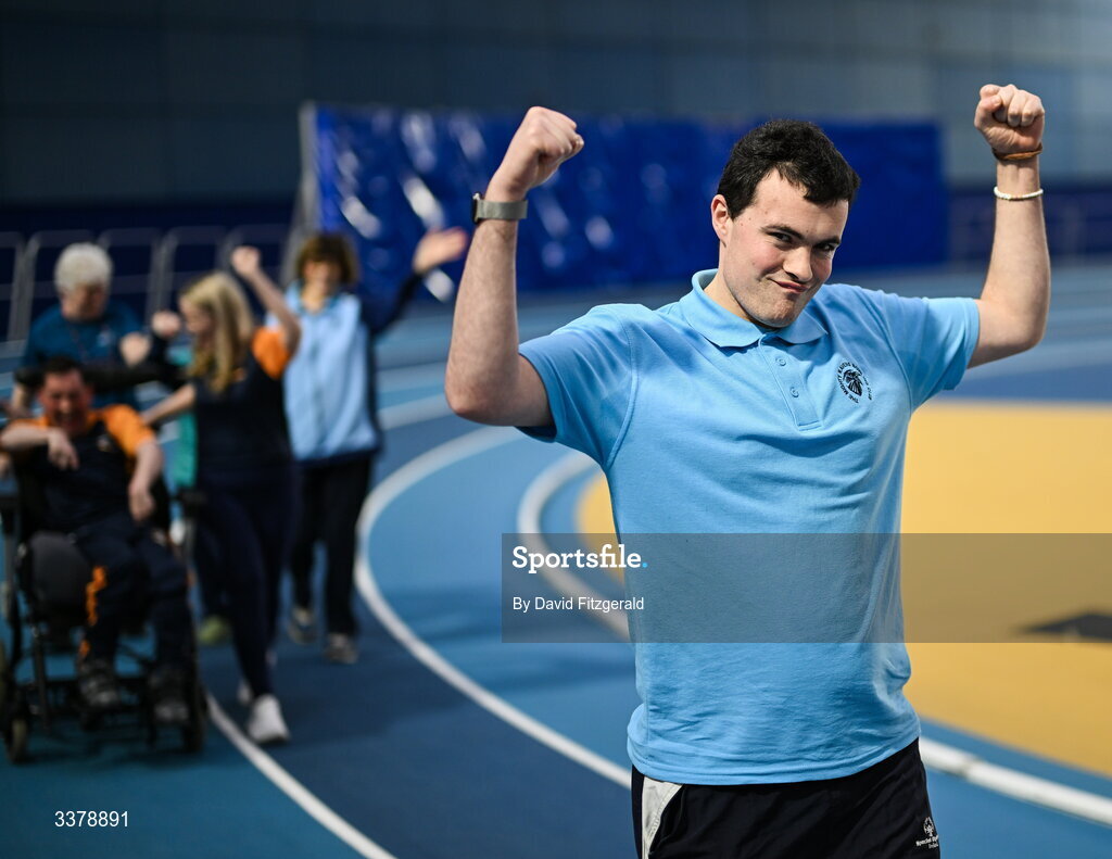5 March 2026; Special Olympics athlete Eoin Donoghue from Dublin during the parade of athletes and Gardai for the Special Olympics Ireland Summer Games launch at the National Indoor Arena on the Sport Ireland Campus in Dublin. Photo by David Fitzgerald/Sportsfile
