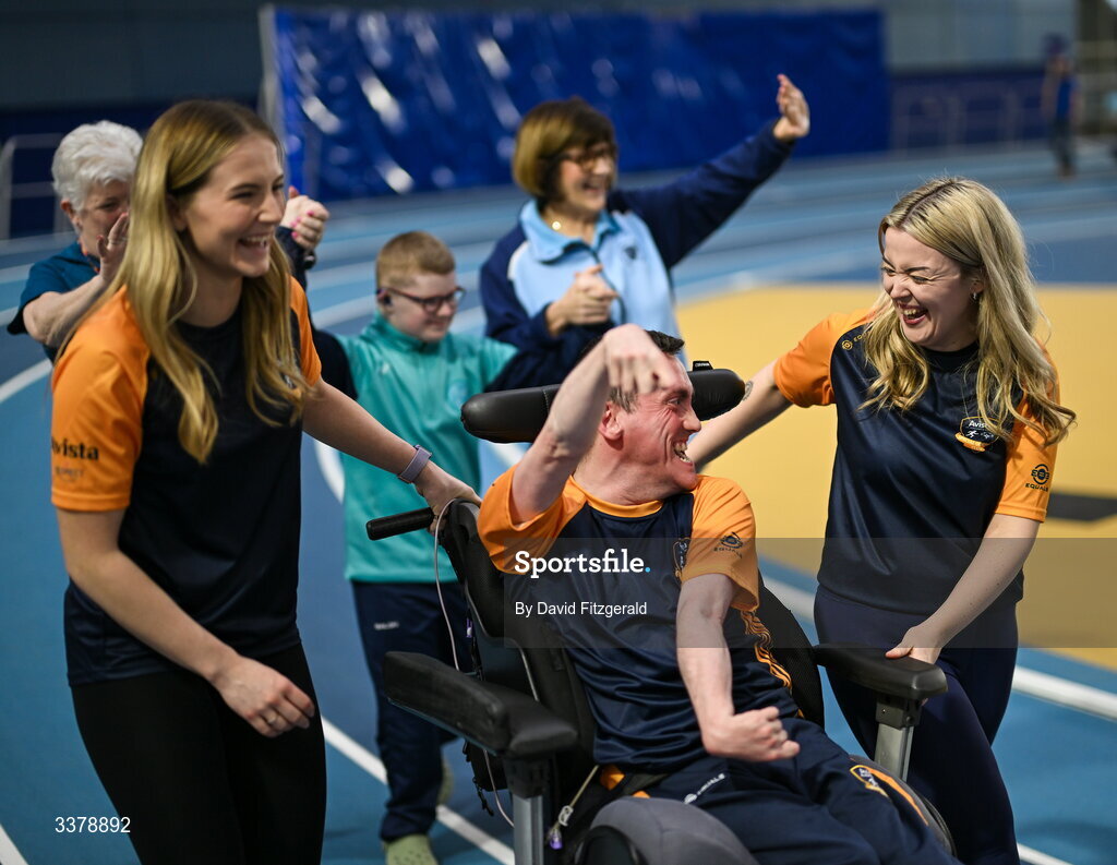 5 March 2026; Special olympics athlete Franics Donnolly from Dublin, centre, during the parade of athletes and Gardai for the Special Olympics Ireland Summer Games launch at the National Indoor Arena on the Sport Ireland Campus in Dublin. Photo by David Fitzgerald/Sportsfile