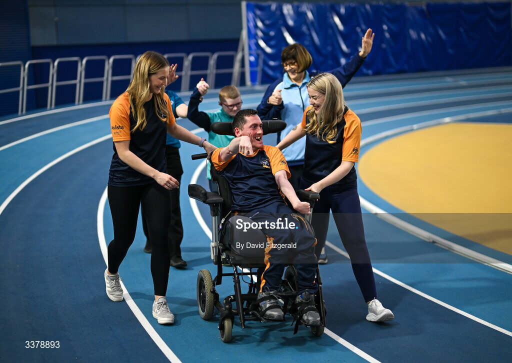 5 March 2026; Special olympics athlete Franics Donnolly from Dublin, centre, during the parade of athletes and Gardai for the Special Olympics Ireland Summer Games launch at the National Indoor Arena on the Sport Ireland Campus in Dublin. Photo by David Fitzgerald/Sportsfile