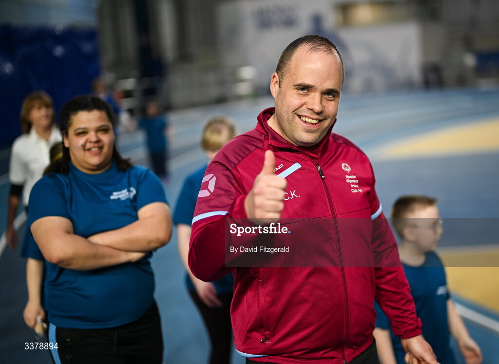 5 March 2026; Special olympics athlete Conor Keaveney from Meath, centre, during the parade of athletes and Gardai for the Special Olympics Ireland Summer Games launch at the National Indoor Arena on the Sport Ireland Campus in Dublin. Photo by David Fitzgerald/Sportsfile