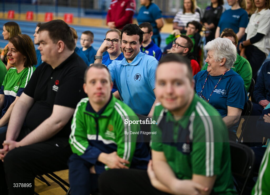 5 March 2026; Special Olympics athlete Eoin Donoghue from Dublin in attendance alongside athetes for the Special Olympics Ireland Summer Games launch at the National Indoor Arena on the Sport Ireland Campus in Dublin. Photo by David Fitzgerald/Sportsfile