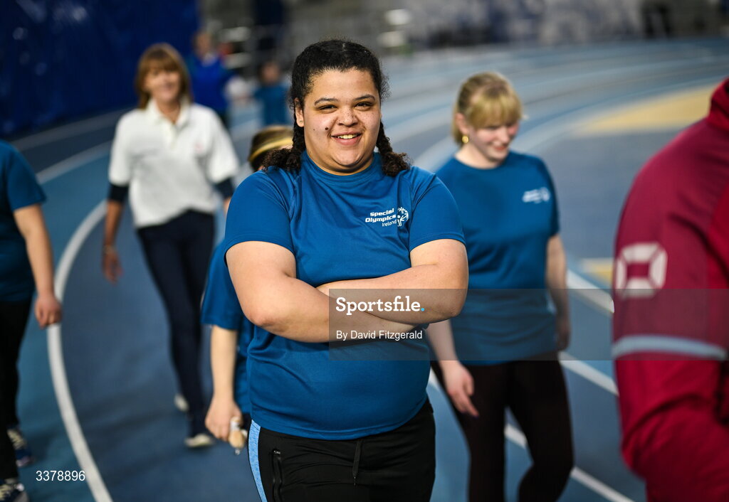 5 March 2026; Special Olympics athlete Moira Scott from Offaly during the parade of athletes and Gardai for the Special Olympics Ireland Summer Games launch at the National Indoor Arena on the Sport Ireland Campus in Dublin. Photo by David Fitzgerald/Sportsfile