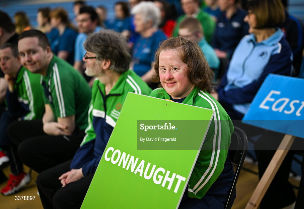 5 March 2026; Special Olympics athlete Bridget Walsh of Mayo , centre, and Connaught team mates during the parade of athletes and Gardai for the Special Olympics Ireland Summer Games launch at the National Indoor Arena on the Sport Ireland Campus in Dublin. Photo by David Fitzgerald/Sportsfile