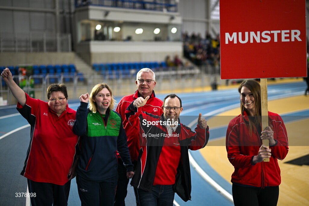 5 March 2026; Special Olympics athletes from Munster, from left, Fionnuala Clarke, Alex Moloney and Paul Kirran during the parade of athletes and Gardai for the Special Olympics Ireland Summer Games launch at the National Indoor Arena on the Sport Ireland Campus in Dublin. Photo by David Fitzgerald/Sportsfile