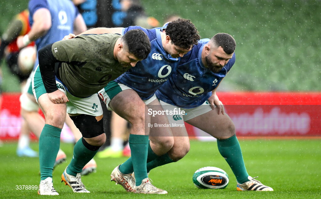 5 March 2026; Thomas Clarkson, left, Tom Stewart and Michael Milne, right, during an Ireland Rugby squad captain's run at the Aviva Stadium in Dublin. Photo by Brendan Moran/Sportsfile