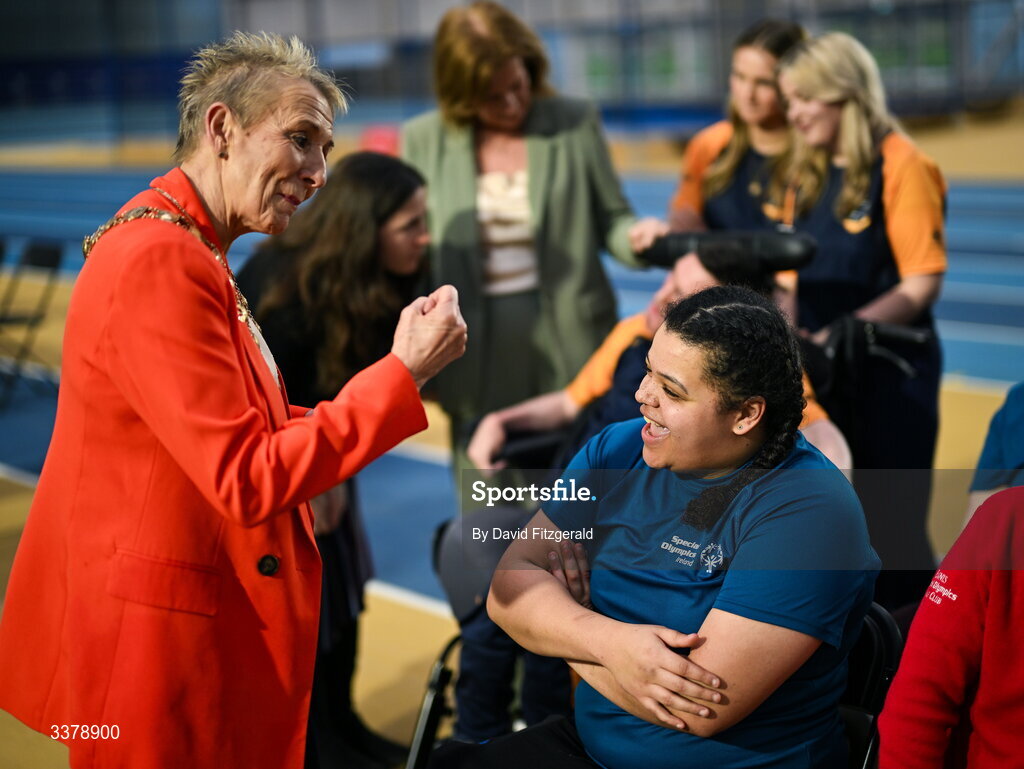 5 March 2026; Mayor of South Dublin County Council Pamela Kearns with Special Olympics athlete Moira Scott from Offaly during the Special Olympics Ireland Summer Games launch at the National Indoor Arena on the Sport Ireland Campus in Dublin. Photo by David Fitzgerald/Sportsfile