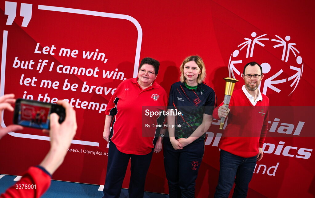 5 March 2026; Special Olympics athletes from Munster, from left, Fionnuala Clarke, Alex Moloney and Paul Kirran in attendance for the Special Olympics Ireland Summer Games launch at the National Indoor Arena on the Sport Ireland Campus in Dublin. Photo by David Fitzgerald/Sportsfile