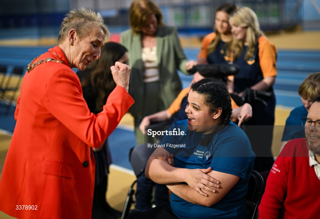 5 March 2026; Mayor of South Dublin County Council Pamela Kearns with Special Olympics athlete Moira Scott from Offaly during the Special Olympics Ireland Summer Games launch at the National Indoor Arena on the Sport Ireland Campus in Dublin. Photo by David Fitzgerald/Sportsfile