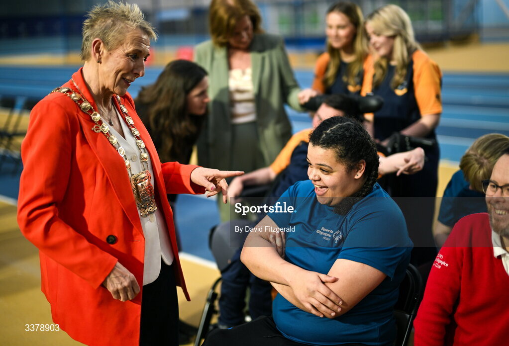 5 March 2026; Mayor of South Dublin County Council Pamela Kearns with Special Olympics athlete Moira Scott from Offaly during the Special Olympics Ireland Summer Games launch at the National Indoor Arena on the Sport Ireland Campus in Dublin. Photo by David Fitzgerald/Sportsfile