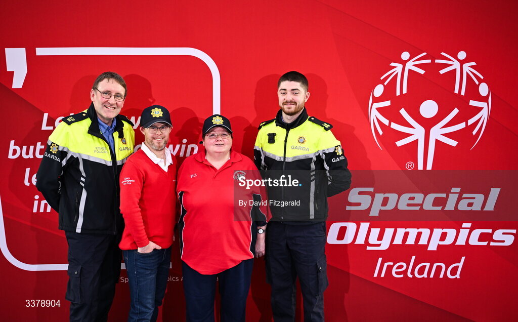 5 March 2026; Special Olympics athletes Fionnuala Clarke from Cork and Paul Kirran from Clare with Gardai Graham Doolan, left, and Fergus Kerr in attendance for the Special Olympics Ireland Summer Games launch at the National Indoor Arena on the Sport Ireland Campus in Dublin. Photo by David Fitzgerald/Sportsfile