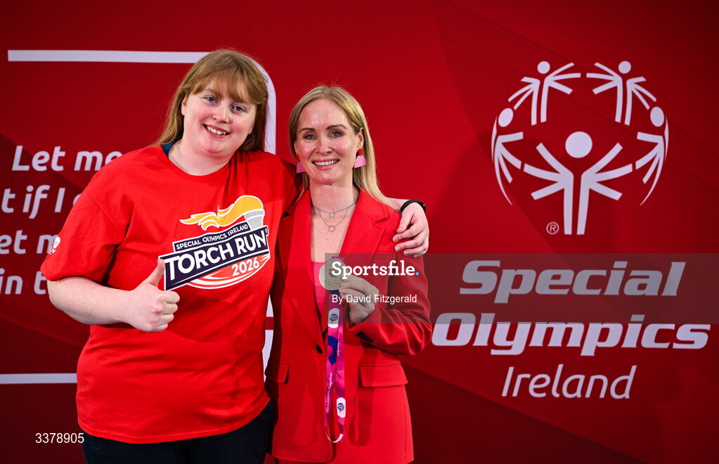 5 March 2026; Special Olympics Chief Executive Officer Karen Coventry with athlete Anita Forde from Kildare in attendance for the Special Olympics Ireland Summer Games launch at the National Indoor Arena on the Sport Ireland Campus in Dublin. Photo by David Fitzgerald/Sportsfile