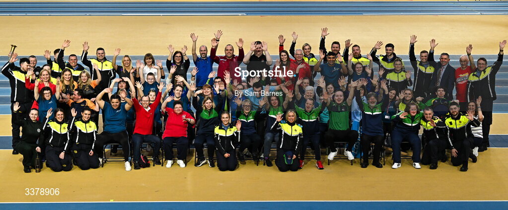 5 March 2026; Special Olympic athletes pictured with dignitaries, members of An Garda Síochána and PSNI during the Special Olympics Ireland Summer Games launch at the National Indoor Arena on the Sport Ireland Campus in Dublin. Photo by Sam Barnes/Sportsfile