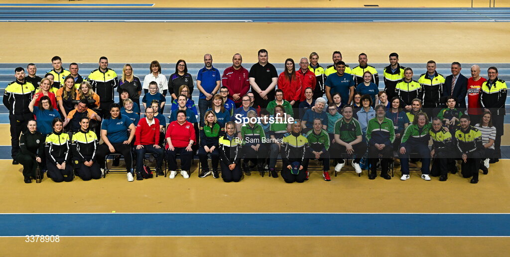 5 March 2026; Special Olympic athletes pictured with dignitaries, members of An Garda Síochána and PSNI during the Special Olympics Ireland Summer Games launch at the National Indoor Arena on the Sport Ireland Campus in Dublin. Photo by Sam Barnes/Sportsfile